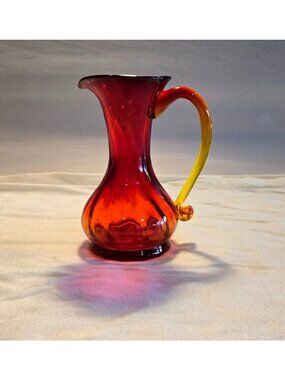 Kanawha Amberina 5” Glass Pitcher Bud Vase Red Yellow Tint Vtg Handcrafted